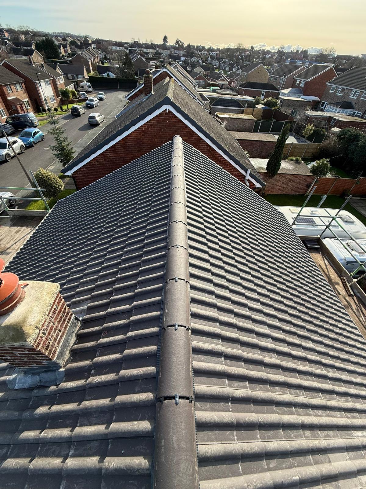 View along a tiled roof ridge
