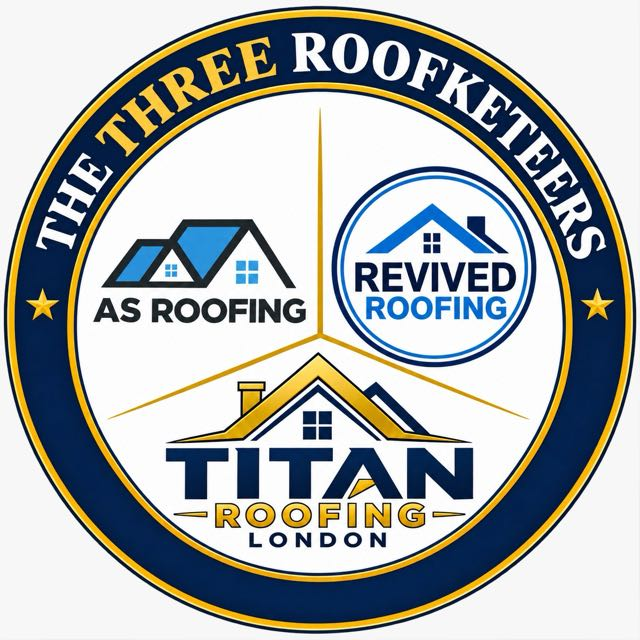 The Three Roofketeers logo, featuring AS Roofing, Revived Roofing and Titan Roofing London